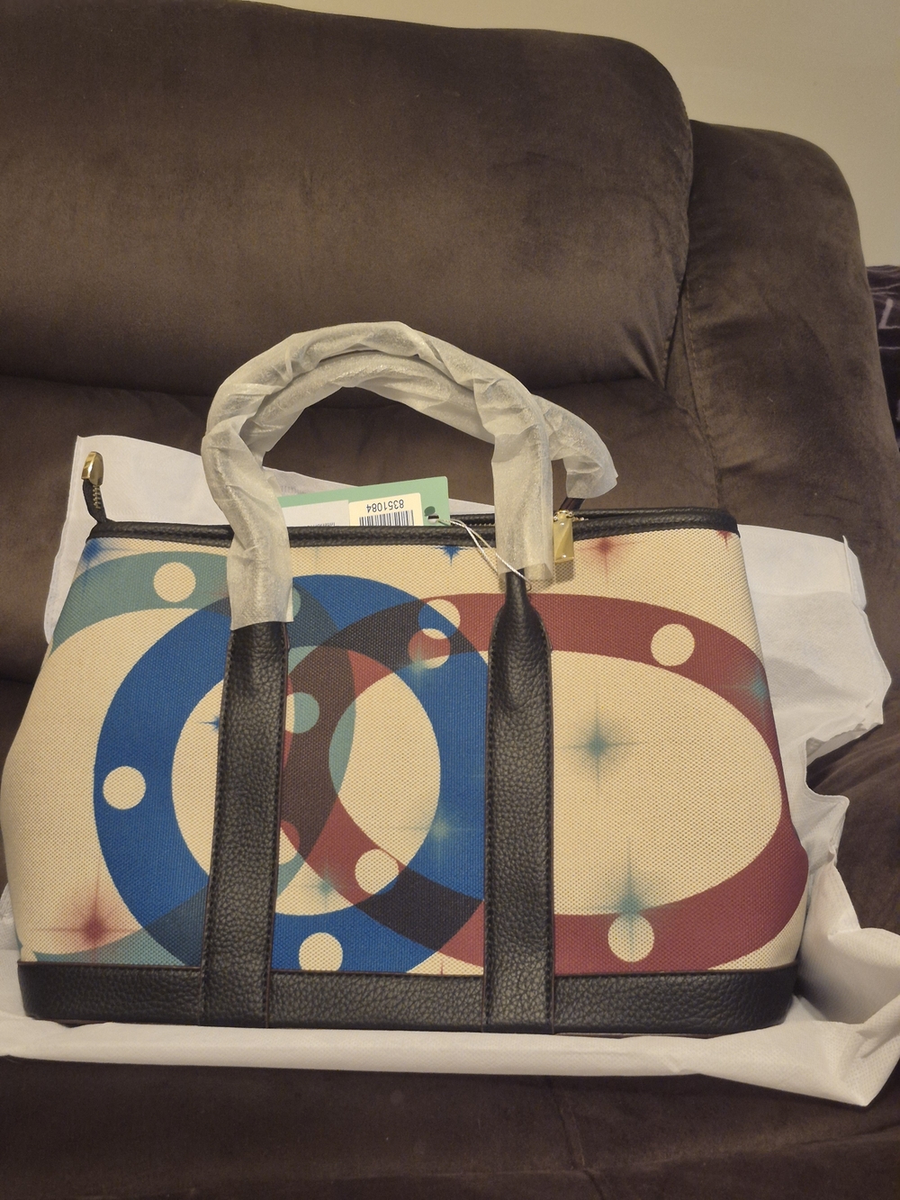 Multicolor Graphic Canvas Crossbody Tote with Black Trim